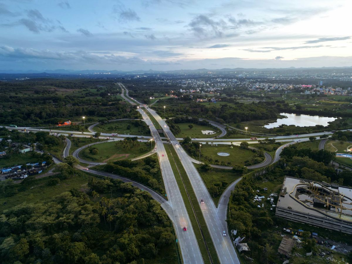 Highway interchange at dusk